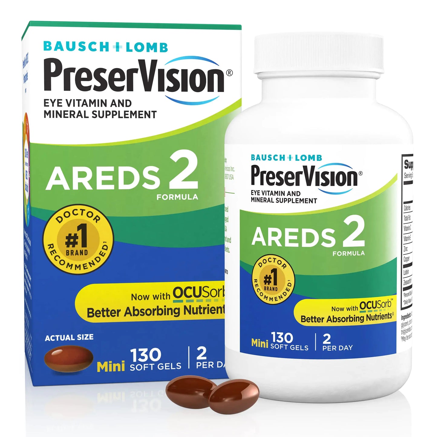 PreserVision AREDS 2 Eye Vitamin C + E packaging with soft gels, eye health supplement from Bausch + Lomb.