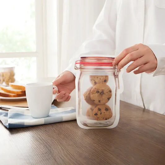 Food Storage Bags for Fruits and Nuts, Self-Sealing with cookies in a jar on a wooden table.